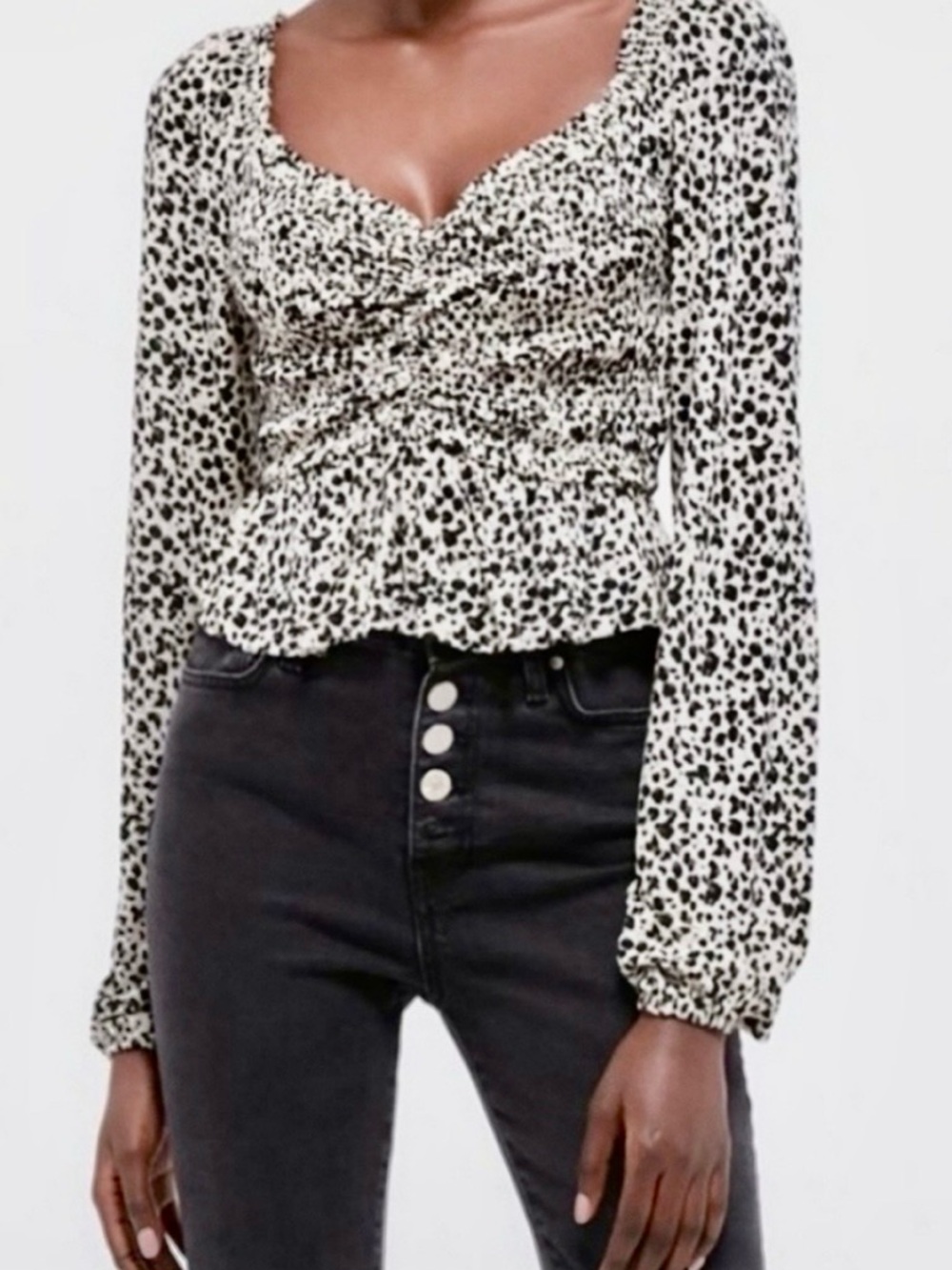 Urban Outfitters Black and White Printed Long-Sleeve Peplum Blouse